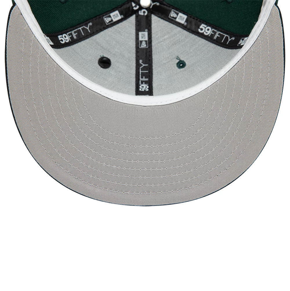 This is a New Era Front Script 59FIFTY Fitted Cap in dark green & black. 6