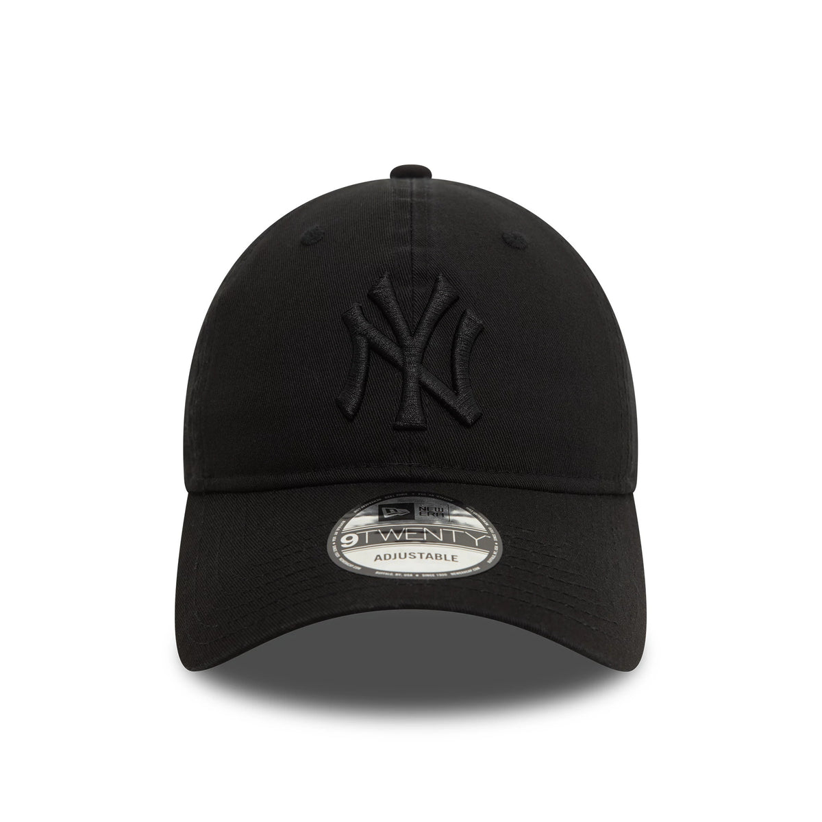 New York Yankees Washed Black New Era 9TWENTY Adjustable Cap, front view showing a black raised embroidered Yankees logo on the front panel, with a curved visor and 9TWENTY size sticker on top.