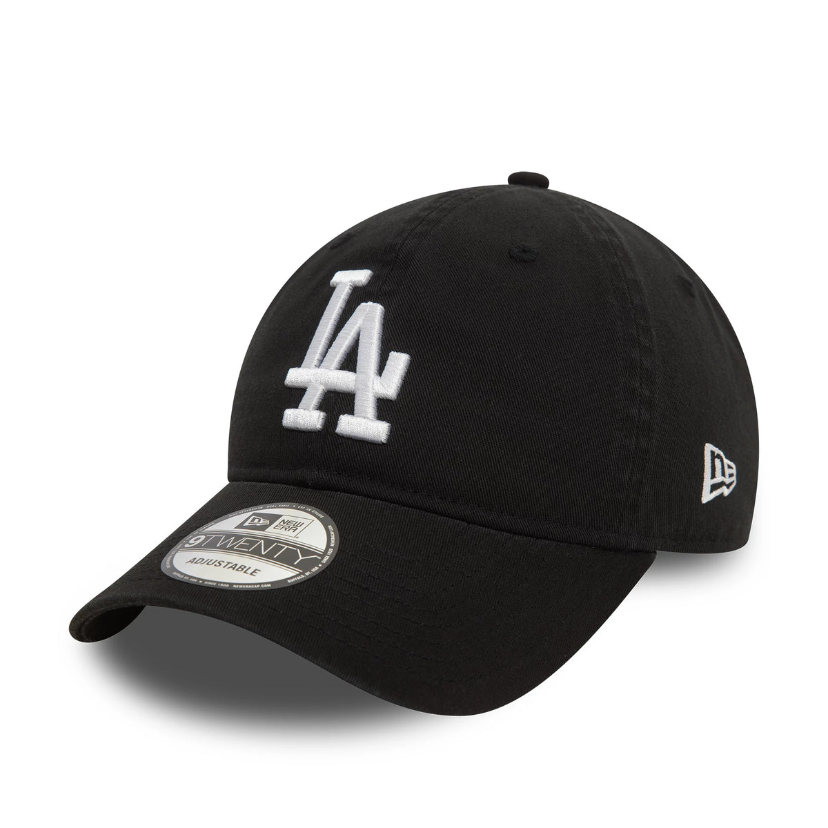 LA Dodgers Washed Black New Era 9TWENTY Adjustable Cap, front view showing raised white LA logo embroidery on the front panel, curved visor with a 9TWENTY size sticker, and the New Era flag logo on the left side.