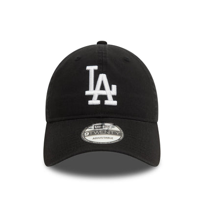LA Dodgers Washed Black New Era 9TWENTY Adjustable Cap, front view showing the white embroidered LA logo on the front panel, complete with a curved visor featuring a 9TWENTY size sticker on top.