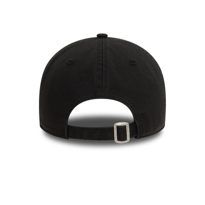 LA Dodgers Washed Black New Era 9TWENTY Adjustable Cap, rear view showing the strap with a silver buckle closure at the back, centred on the black crown with two eyelets and a black top button.