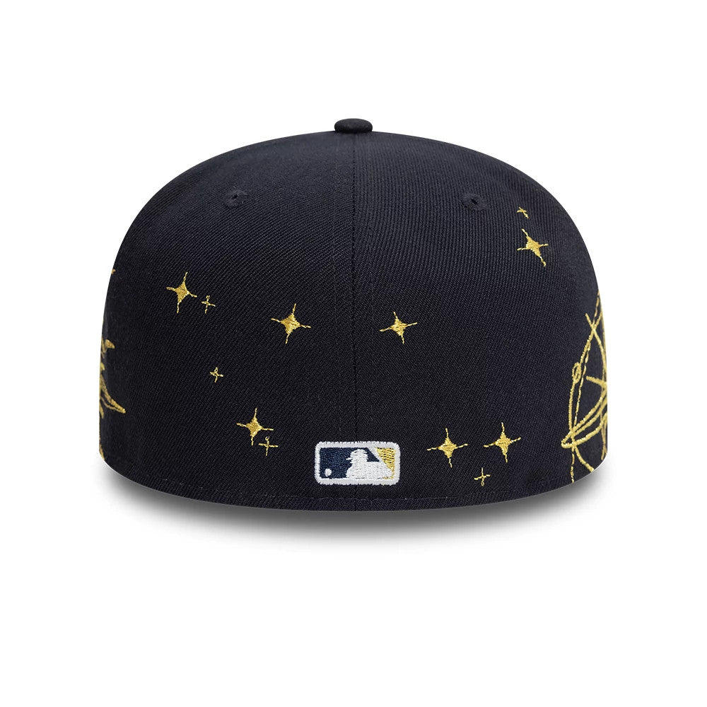 New York Yankees MLB Zodiac Navy New Era 59FIFTY Fitted Cap, rear view showing the white embroidered MLB Batterman logo centred at the back, with gold zodiac and star embroidery across the dark navy panels.