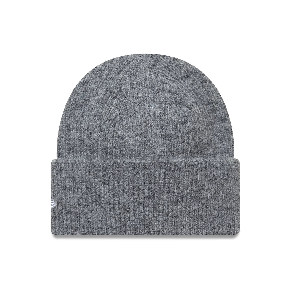New Era New York Yankees Womens Grey Wide Cuff Knit Beanie Hat, front view with a ribbed wide cuff design in grey, featuring the New Era flag logo embroidered on the left side of the cuff.