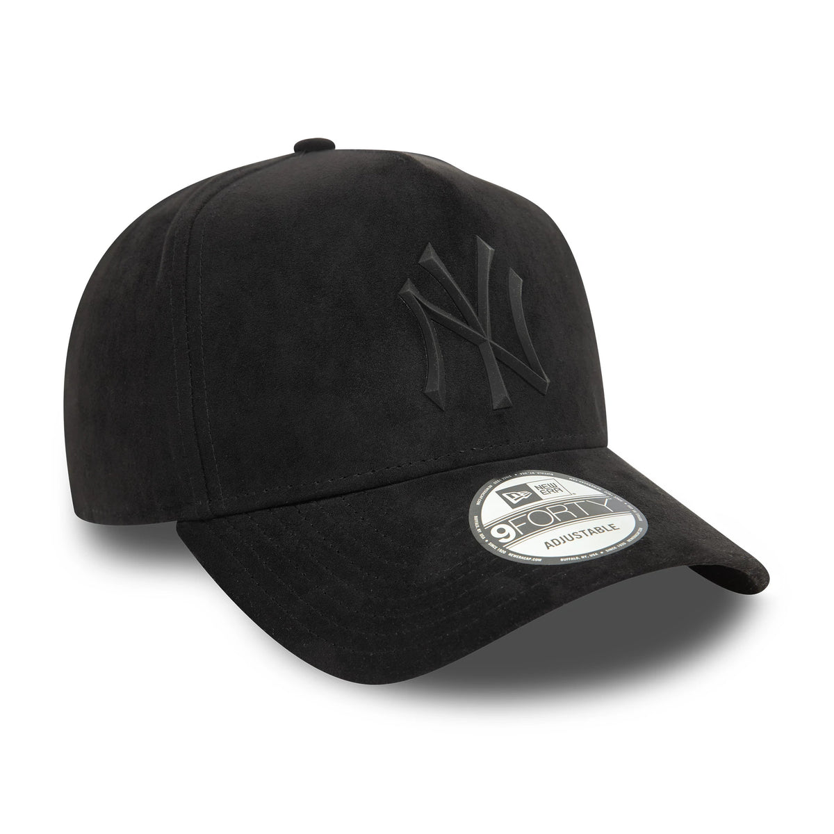 New York Yankees Faux Suede Black New Era 9FORTY E-Frame Cap, three-quarter view showing the raised black NY logo on the front panel, curved visor with 9FORTY size sticker, and a seamless black top button.