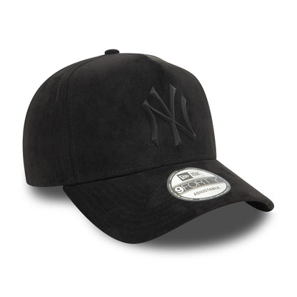 New York Yankees Faux Suede Black New Era 9FORTY E-Frame Cap, three-quarter view showing the raised black NY logo on the front panel, curved visor with 9FORTY size sticker, and a seamless black top button.