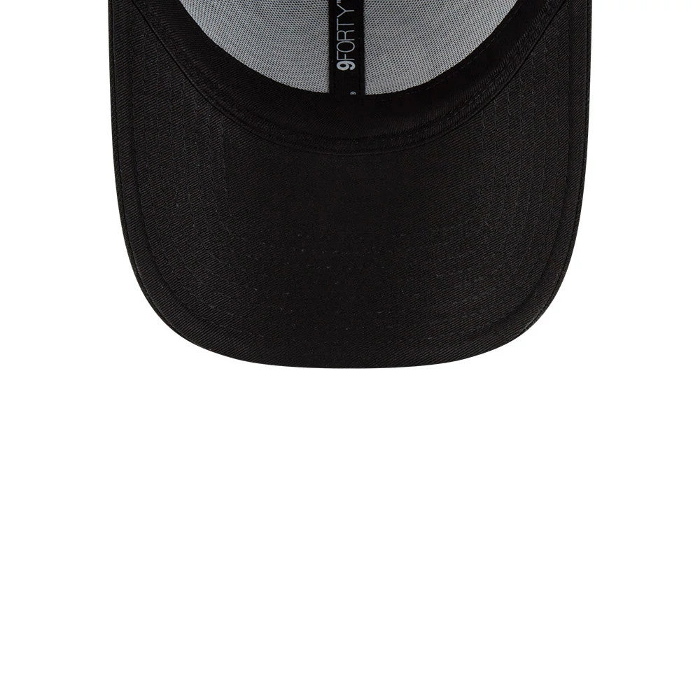 Brooklyn Nets NBA The League Black New Era 9FORTY Adjustable Cap, inside view showing a black undervisor and grey interior taping with a 9FORTY size sticker on the underside of the visor.