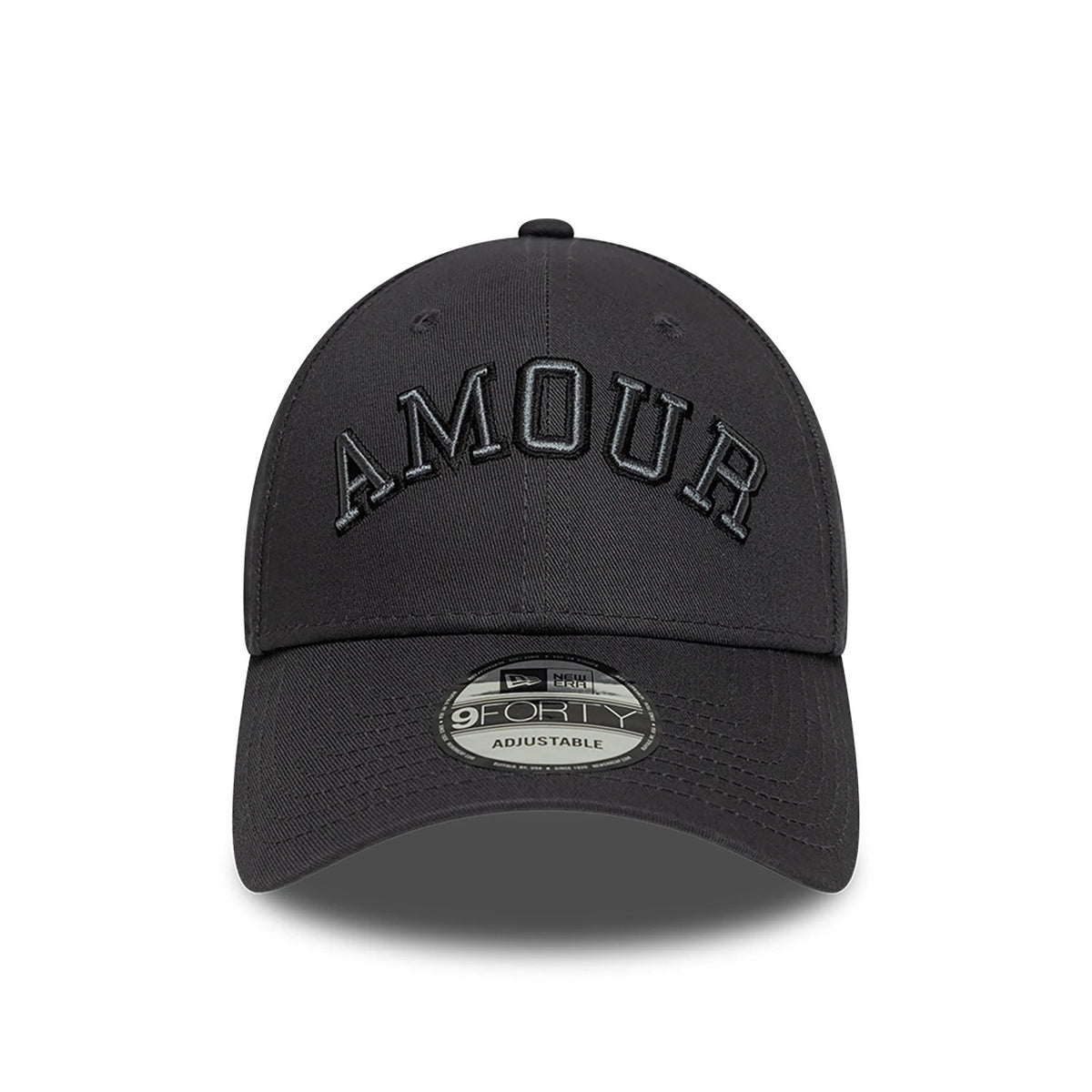 New Era x Zadig&Voltaire Amour Dark Grey New Era 9FORTY Adjustable Cap, front view showing raised black Amour lettering embroidered on the front panel, with a curved visor and 9FORTY size sticker centred on it.