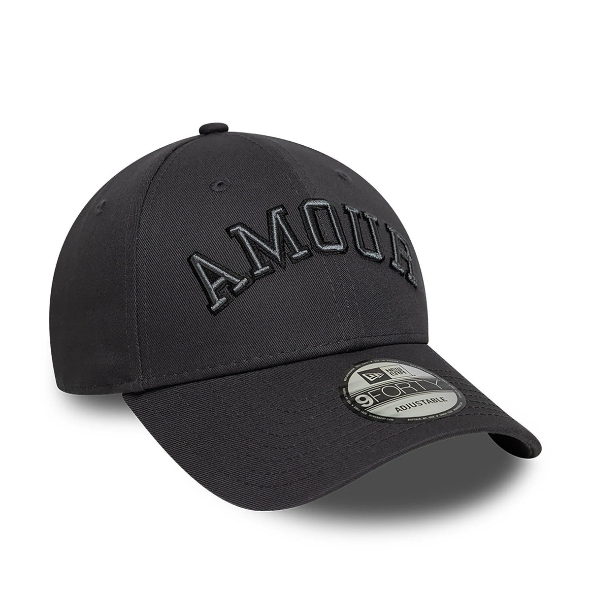 New Era x Zadig&Voltaire Amour Dark Grey New Era 9FORTY Adjustable Cap, three-quarter view showing raised black Amour embroidery on the front panel, curved visor with 9FORTY size sticker, and tonal top button.