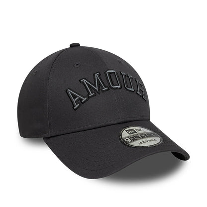 New Era x Zadig&Voltaire Amour Dark Grey New Era 9FORTY Adjustable Cap, three-quarter view showing raised black Amour embroidery on the front panel, curved visor with 9FORTY size sticker, and tonal top button.