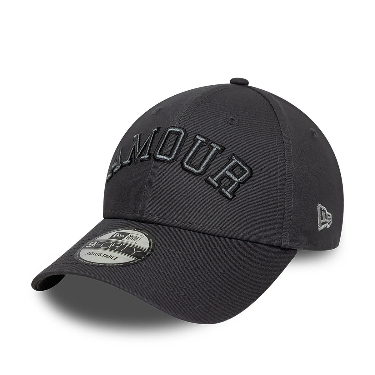 New Era x Zadig&Voltaire Amour Dark Grey New Era 9FORTY Adjustable Cap, three-quarter view showing raised black embroidered Amour lettering on the front panel, with a curved visor and 9FORTY size sticker, plus a New Era flag logo on the left side.