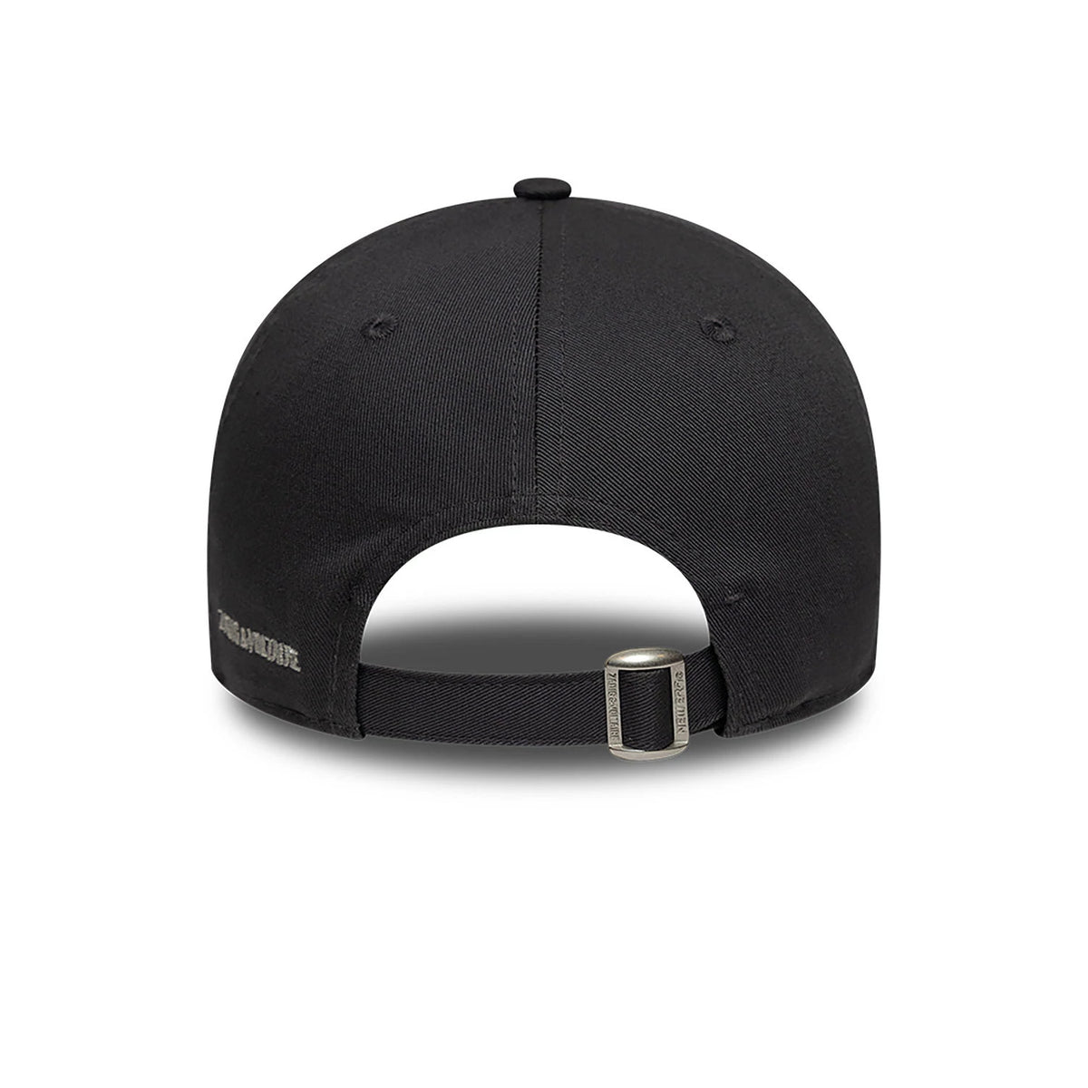 New Era x Zadig&Voltaire Amour Dark Grey New Era 9FORTY Adjustable Cap, rear view showing the embroidered Zadig&Voltaire logo on the left side and an adjustable fabric strap with a metal buckle at the back.