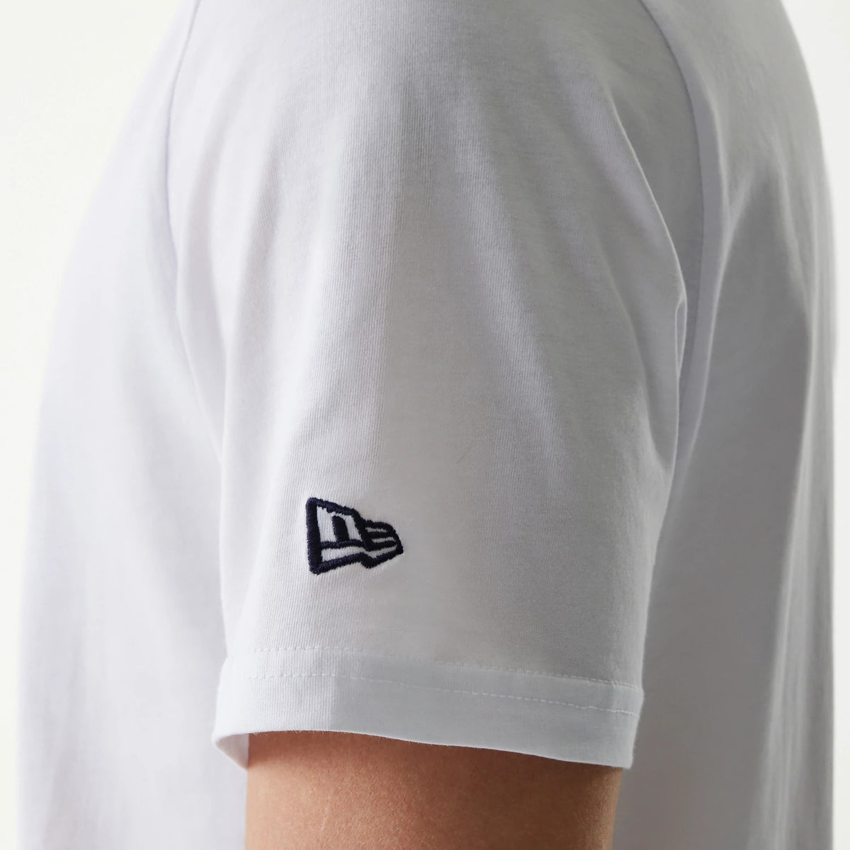 New Era St. Louis Cardinals MLB Regular White T-Shirt, side view showing the sleeve with a raised New Era logo embroidered near the hem on the clean white fabric.