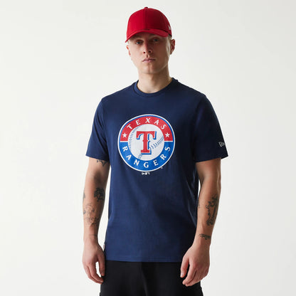 New Era Texas Rangers MLB Regular Dark Blue T-Shirt, on-model view showing a large Texas Rangers emblem on the chest in red, white, and blue, with a white debossed New Era logo on the left sleeve.