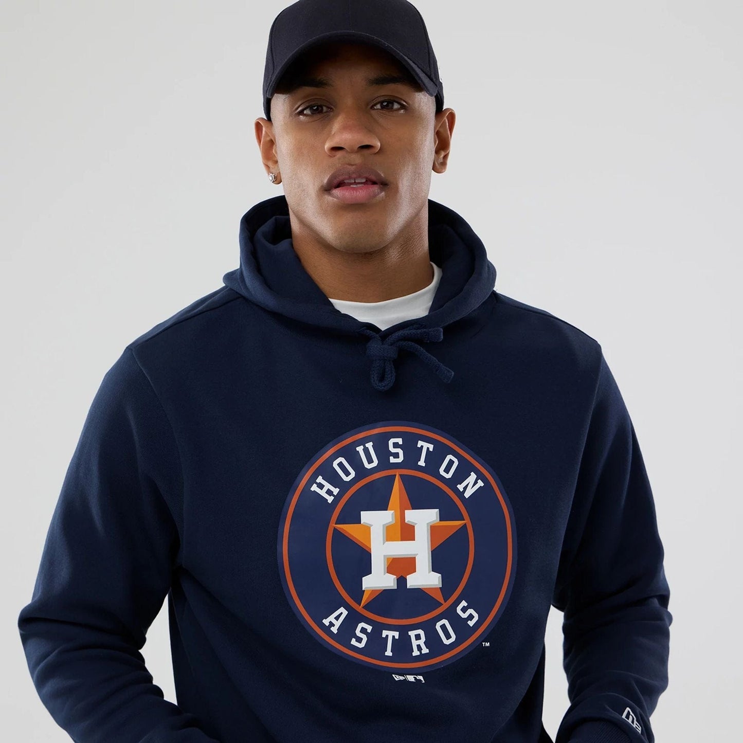 The Male model is wearing Houston Astros MLB Dark Blue Pullover Hoodie 3
