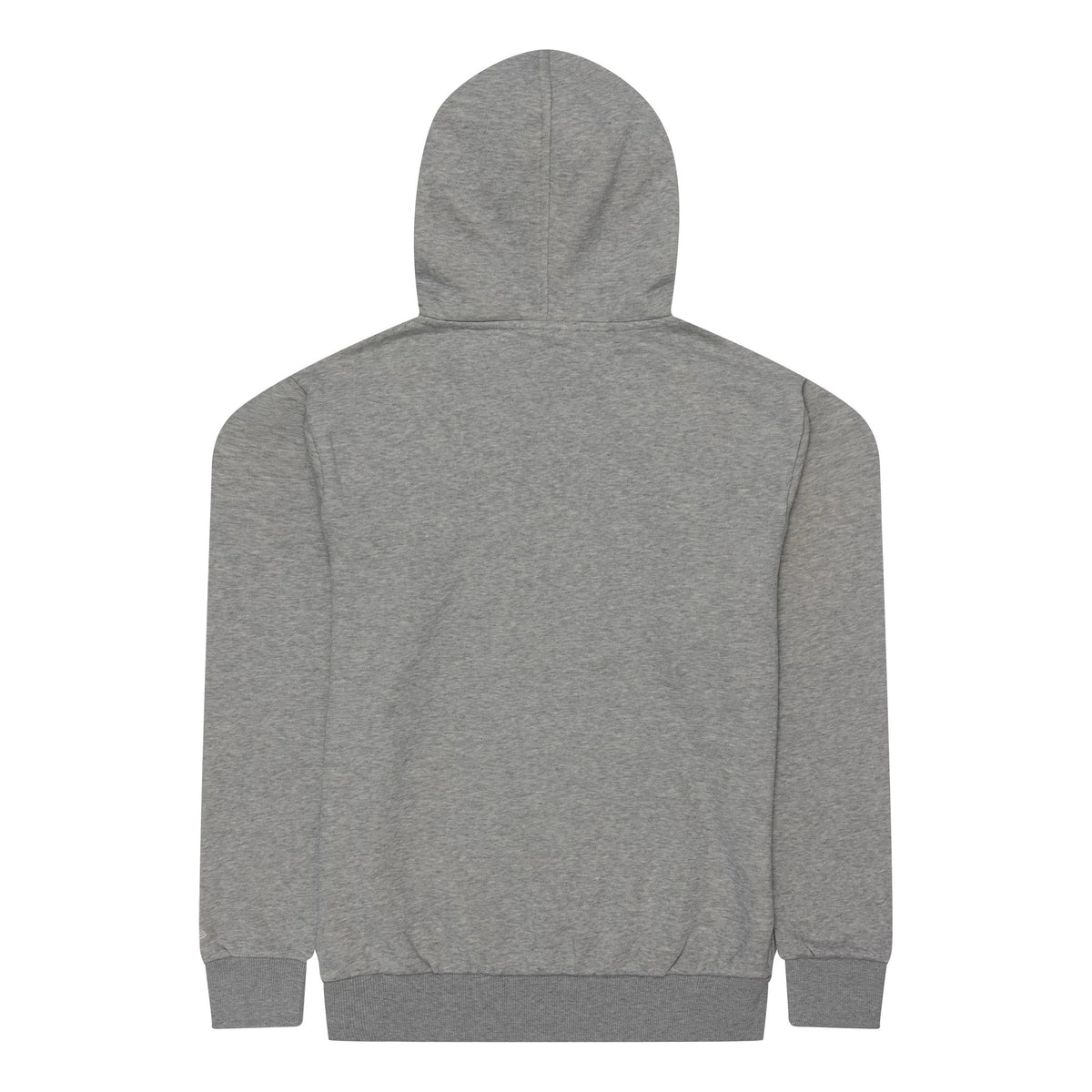 New Era MLB Generic Logo MLB Regular Grey Pullover Hoodie, rear view showing the plain grey back with a seamless hood at the top, long sleeves extending down to ribbed cuffs, and a ribbed hem at the base.