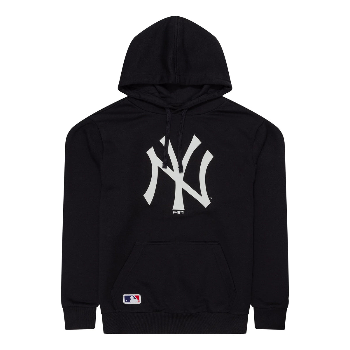 New Era New York Yankees MLB Regular Navy Pullover Hoodie, front view showing a large white New York Yankees logo centred on the chest, a drawstring hood and the MLB logo embroidered on the pocket at the bottom left.