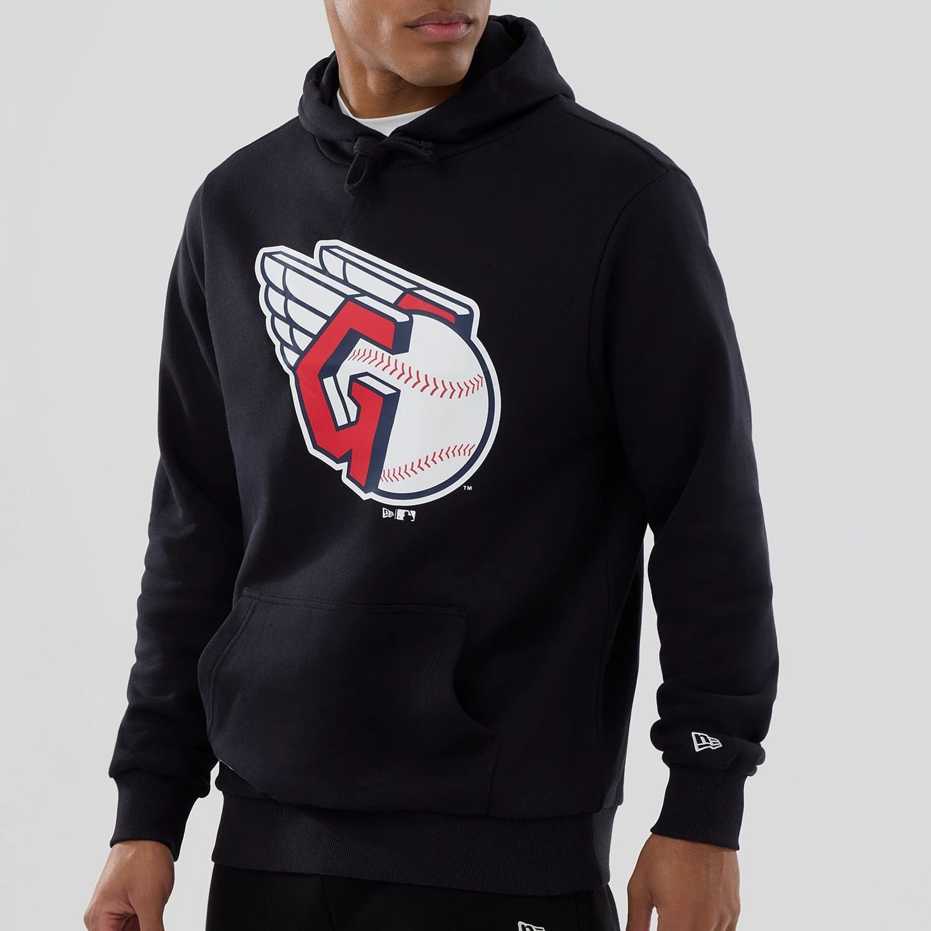 The Male model is wearing Cleveland Guardians MLB Navy Pullover Hoodie 3