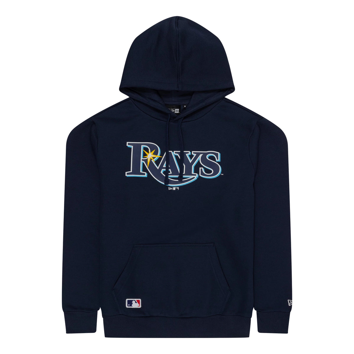 New Era Tampa Bay Rays MLB Regular Dark Blue Pullover Hoodie, front view showing the large RAYS logo printed across the chest, a front pouch pocket at the bottom, and the New Era logo embroidered on the left sleeve near the cuff.