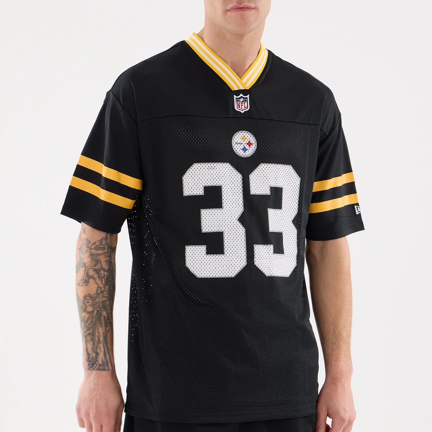The Male model is wearing Pittsburgh Steelers NFL Mesh Black Mesh Jersey 4