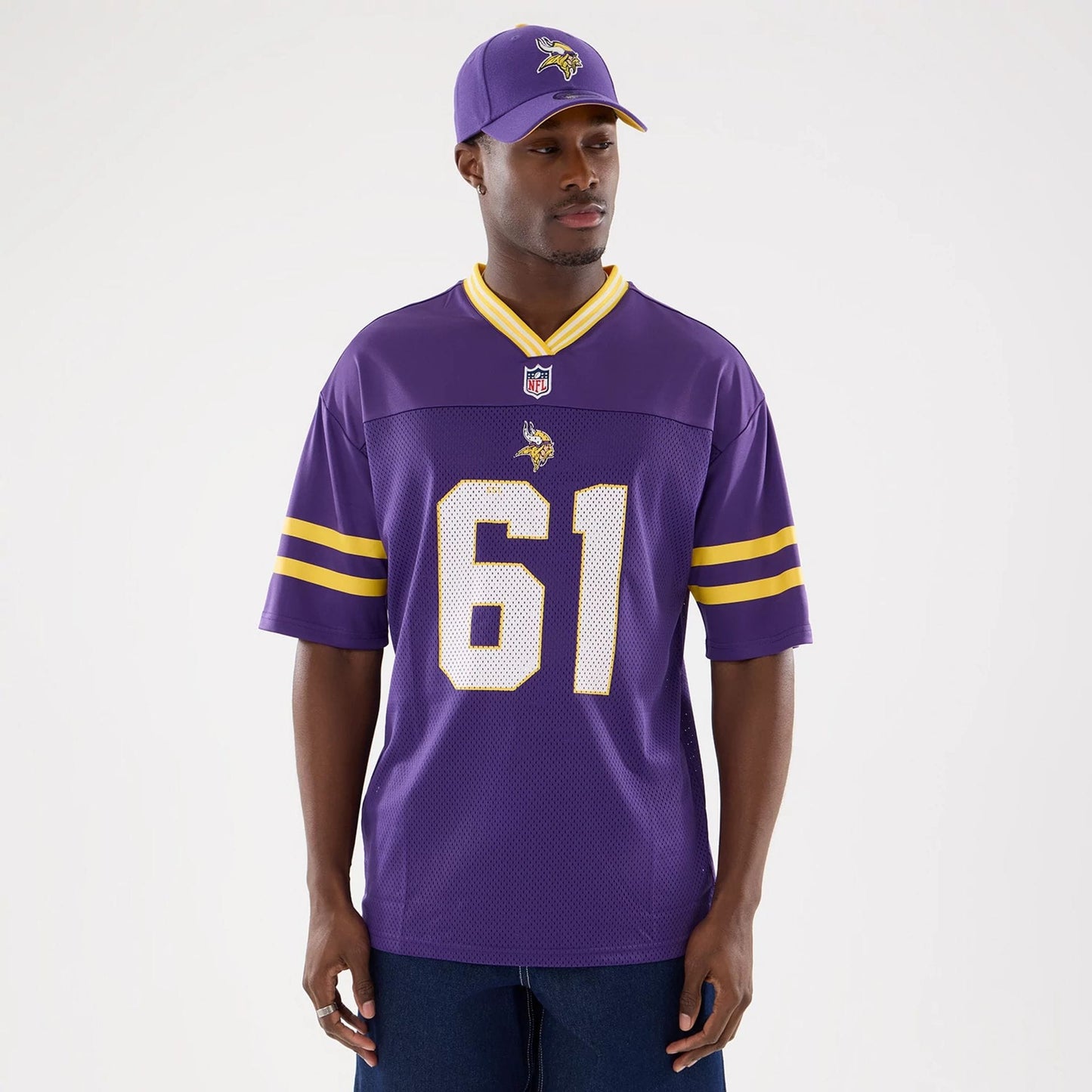 The Male model is wearing Minnesota Vikings NFL Mesh Purple Mesh Jersey 1