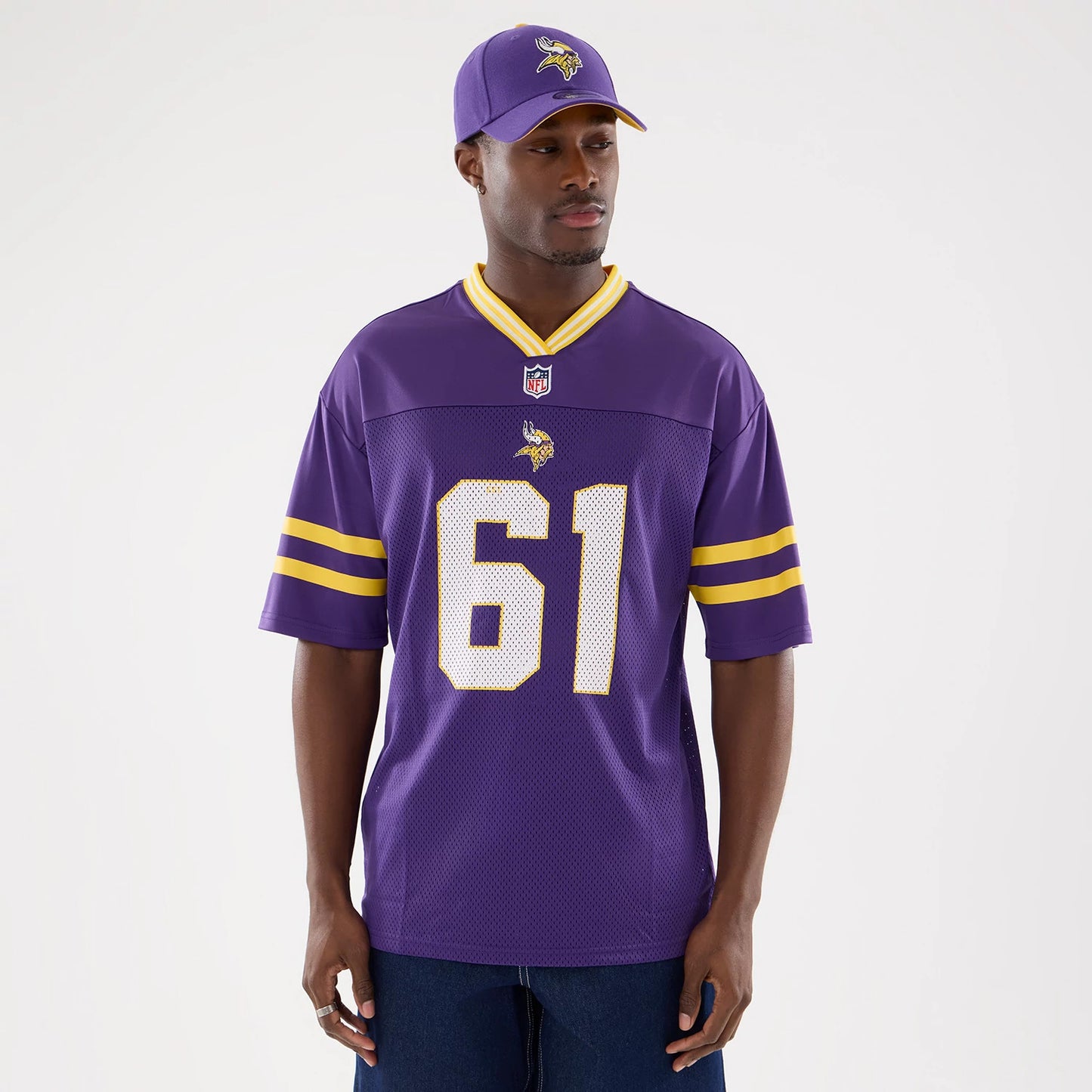 The Male model is wearing Minnesota Vikings NFL Mesh Purple Mesh Jersey 1