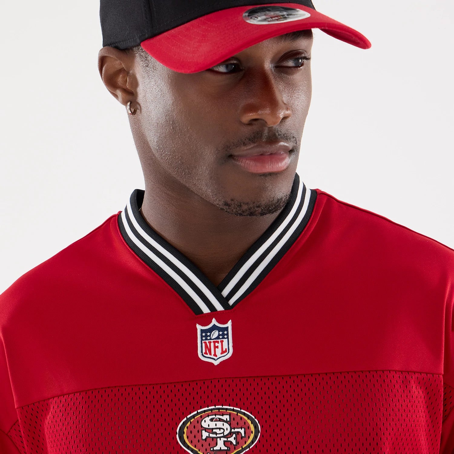 The Male model is wearing San Francisco 49ers NFL Mesh Red Mesh Jersey 6