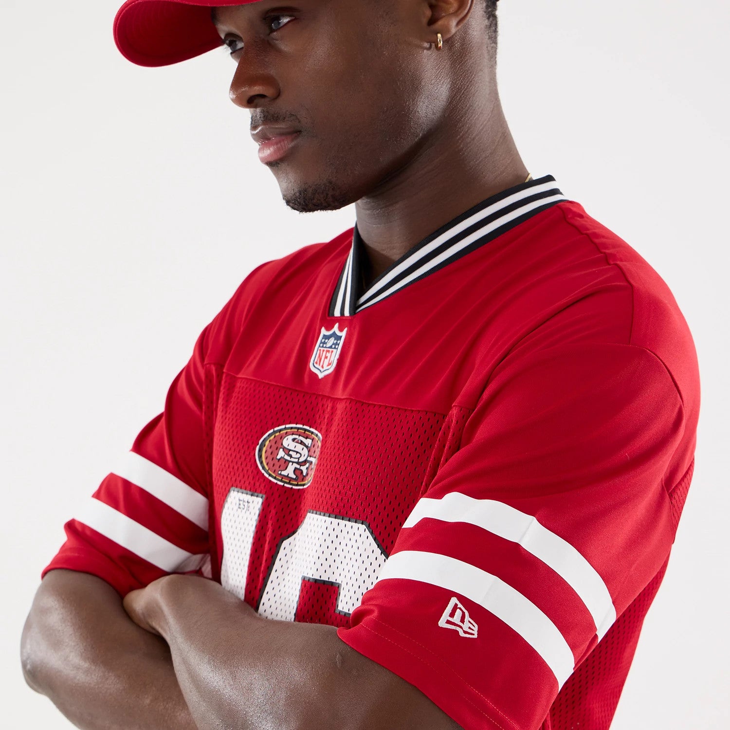 The Male model is wearing San Francisco 49ers NFL Mesh Red Mesh Jersey 4