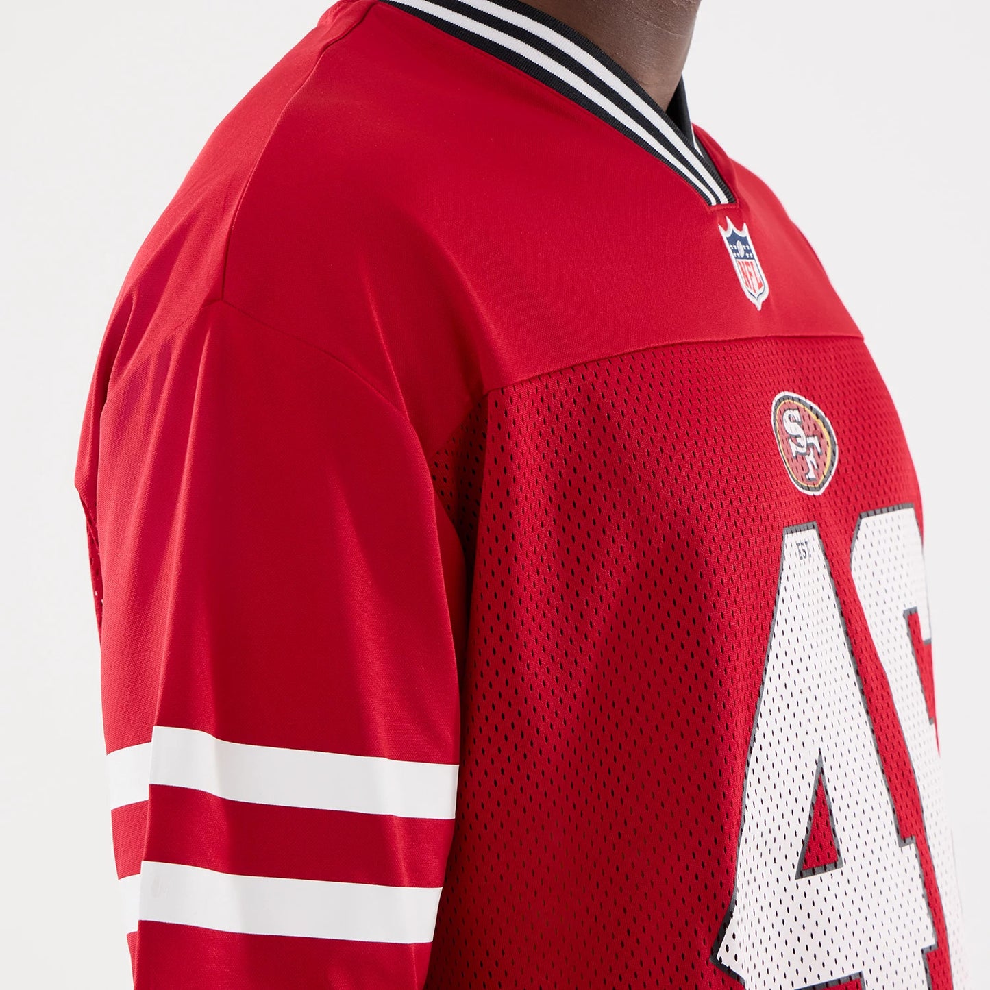 The Male model is wearing San Francisco 49ers NFL Mesh Red Mesh Jersey 5