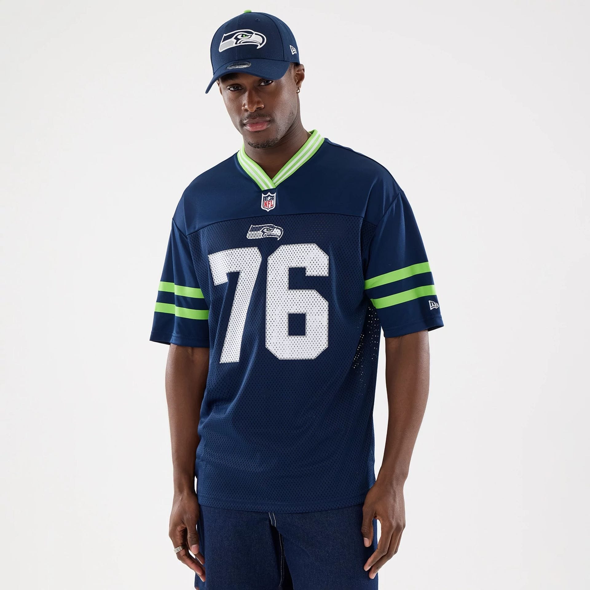 The Male model is wearing Seattle Seahawks NFL Mesh Dark Blue Mesh Jersey 1