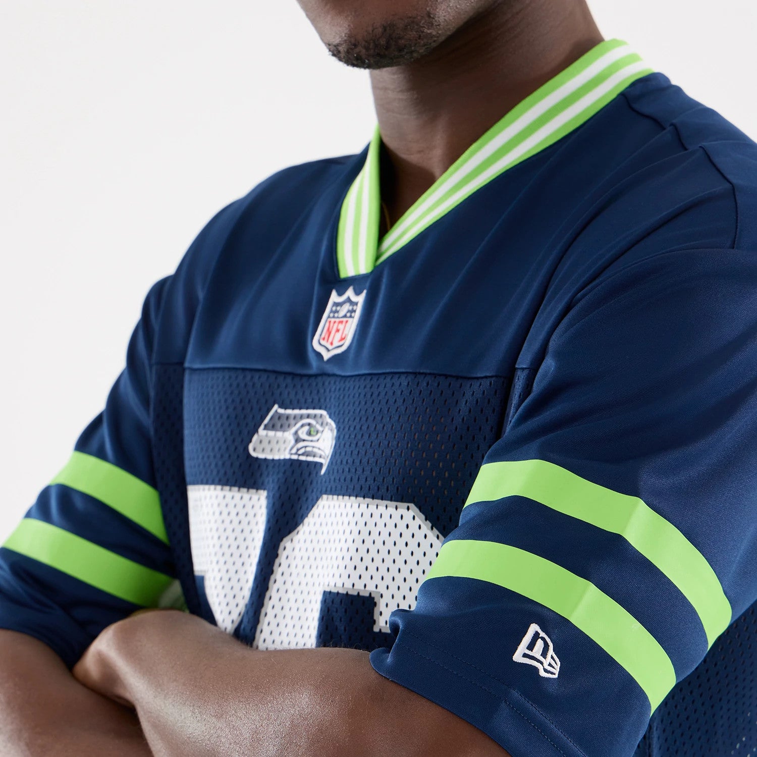 The Male model is wearing Seattle Seahawks NFL Mesh Dark Blue Mesh Jersey 5
