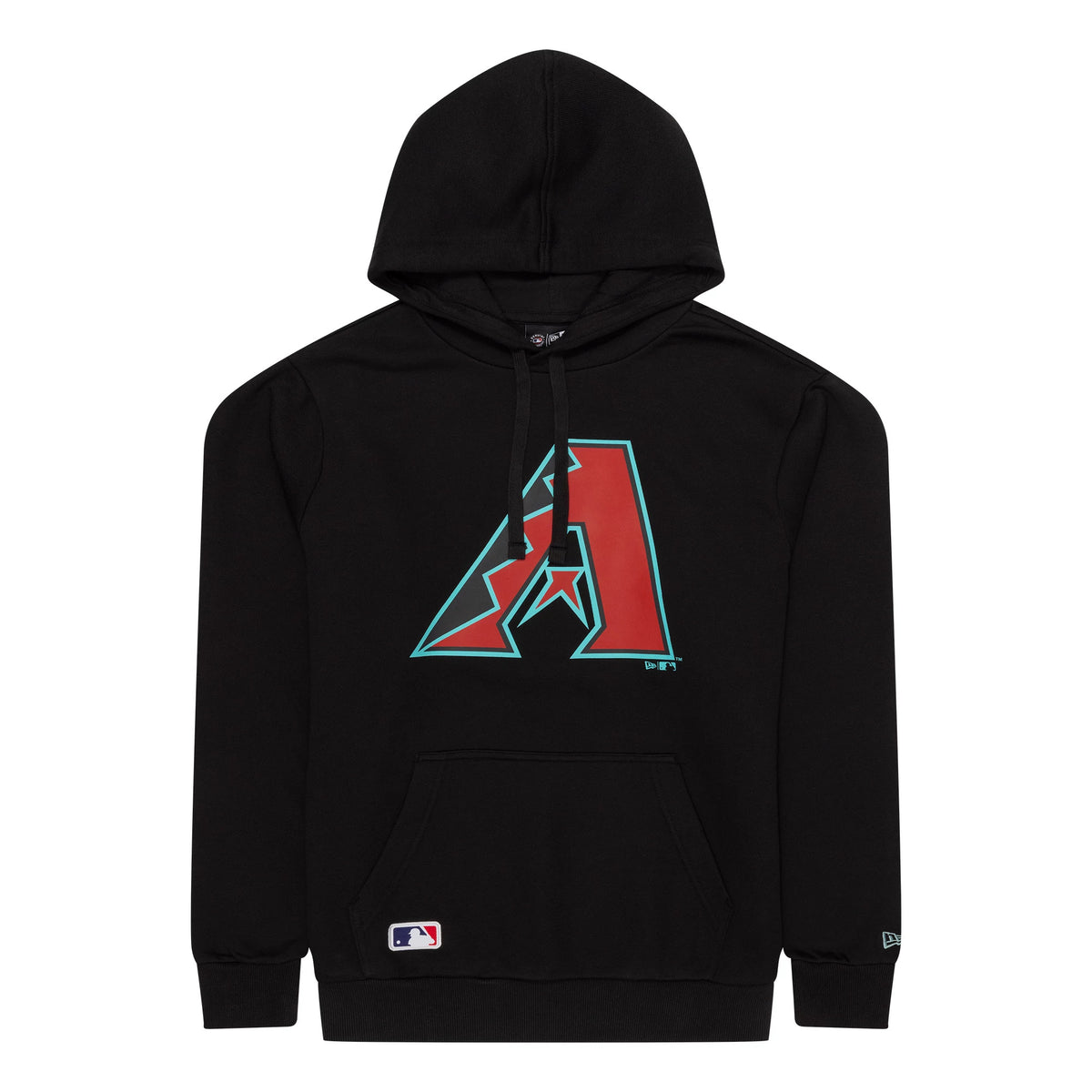 New Era Arizona Diamondbacks MLB Regular Black Pullover Hoodie, front view showing the large red and teal 'A' logo centred on the chest, a pouch pocket at the bottom, and a small New Era logo embroidered on the left cuff.