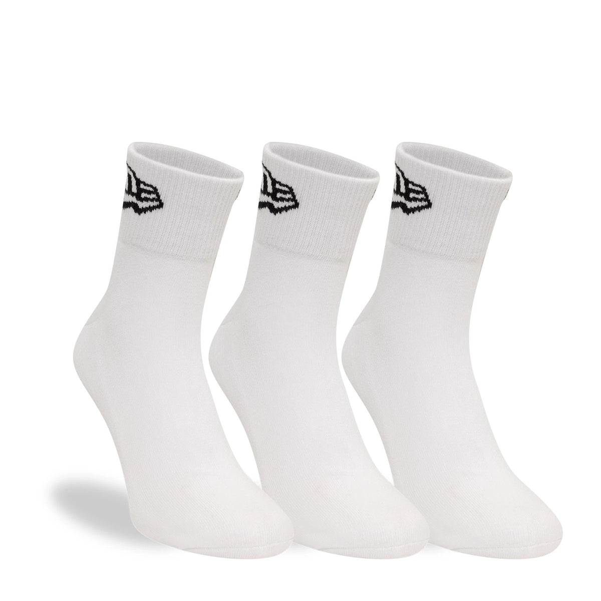 New Era Flag 3-Pack White Short Crew Socks, front view showing three pairs of white socks with a raised black New Era logo on the ribbed cuffs, each sock standing upright displaying the simple design and clean lines.