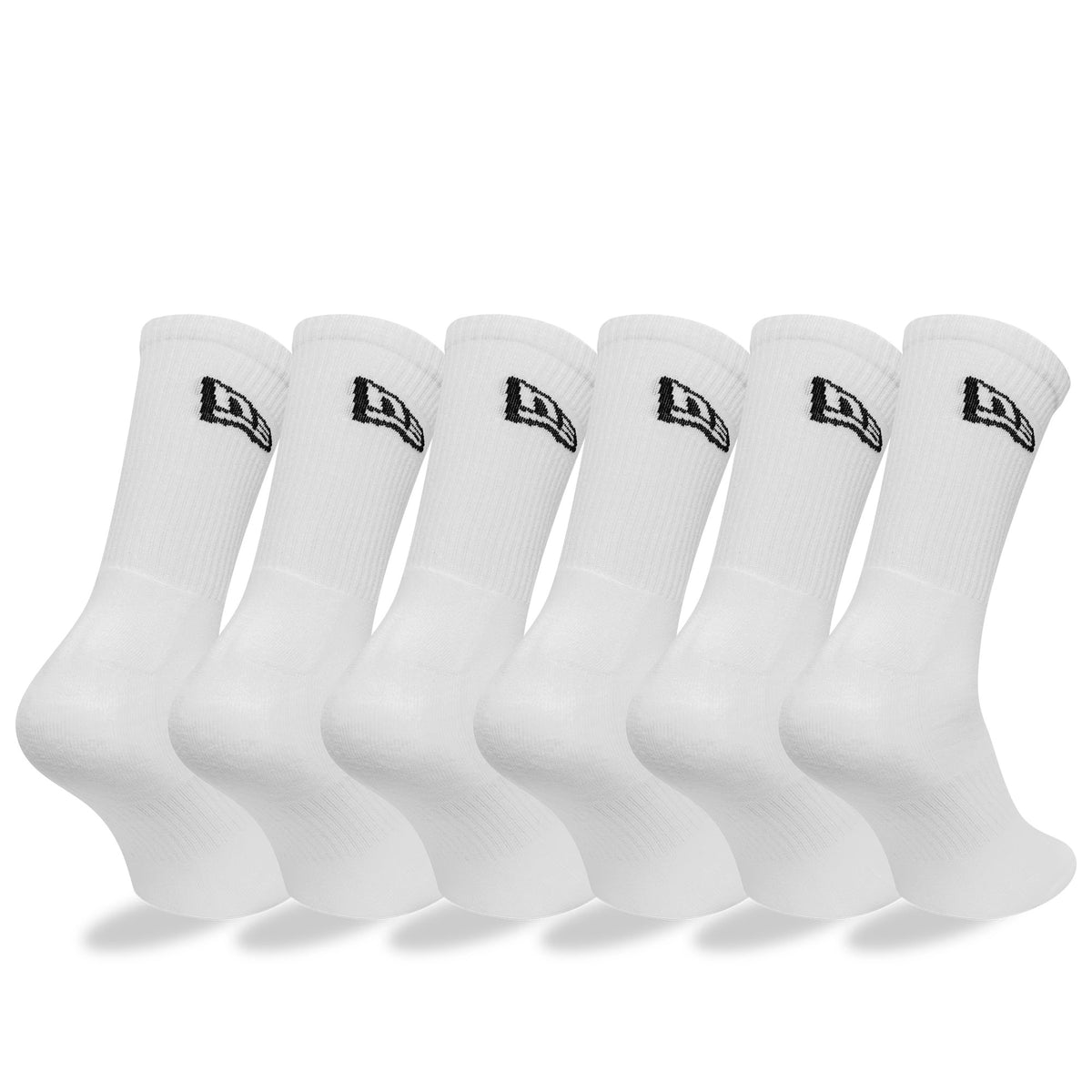 New Era Flag 6-Pack White Crew Socks, front view showing a row of six white socks each featuring a black embroidered New Era logo on the upper part, the socks standing upright in a slightly tilted formation.