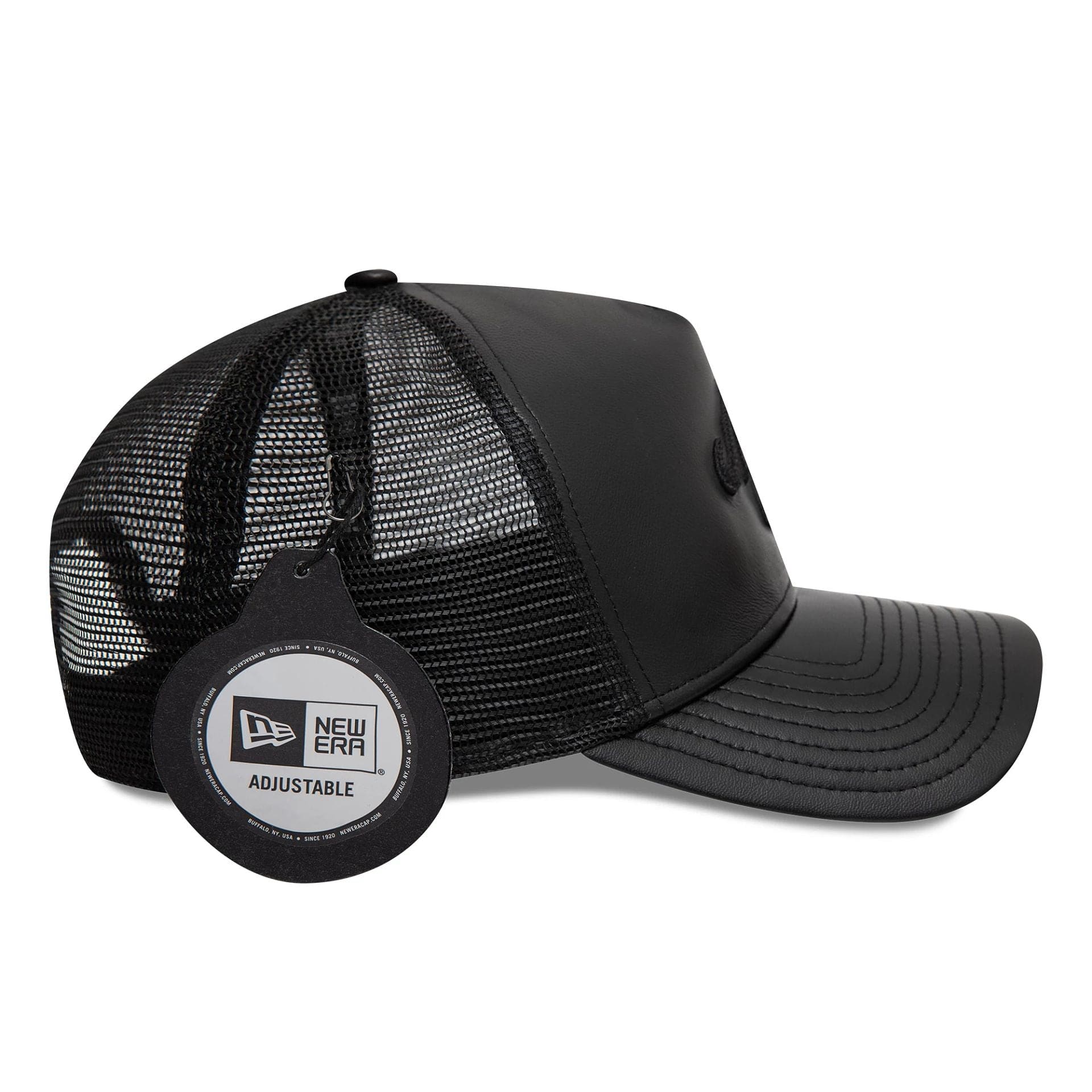 This is a New Era Leather Black 9FORTY A-Frame Trucker Adjustable Cap 4