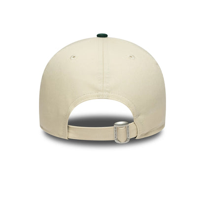 Athletics Colour Block Cream New Era 9FORTY Adjustable Cap, rear view showing no back logo, with an adjustable strap featuring metallic hardware and a matching green top button on the cream crown.
