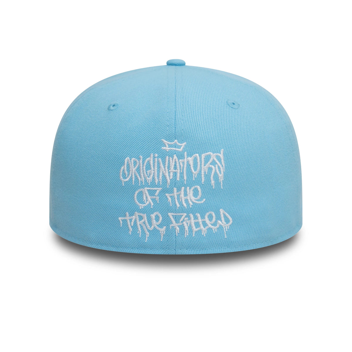 New Era Graphic Pastel Blue 59FIFTY Fitted Cap, rear view showing white embroidered graffiti-style lettering reading Originators of the True Fitted centred on the pastel blue crown.