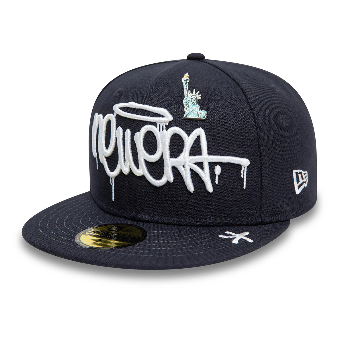 New Era Graphic Navy New Era 59FIFTY Fitted Cap, front view with raised white graffiti-style New Era text and a small embroidered Statue of Liberty on the navy crown, New Era flag logo on the left side, and gold 59FIFTY size sticker on the visor.