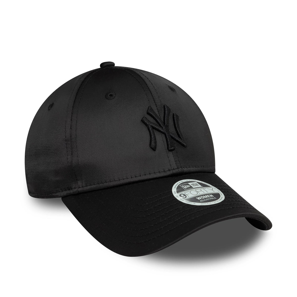 New York Yankees Womens Satin Black New Era 9FORTY Adjustable Cap, front view showing the raised embroidered NY logo on the structured black crown, and a 9FORTY size sticker on the curved black visor.
