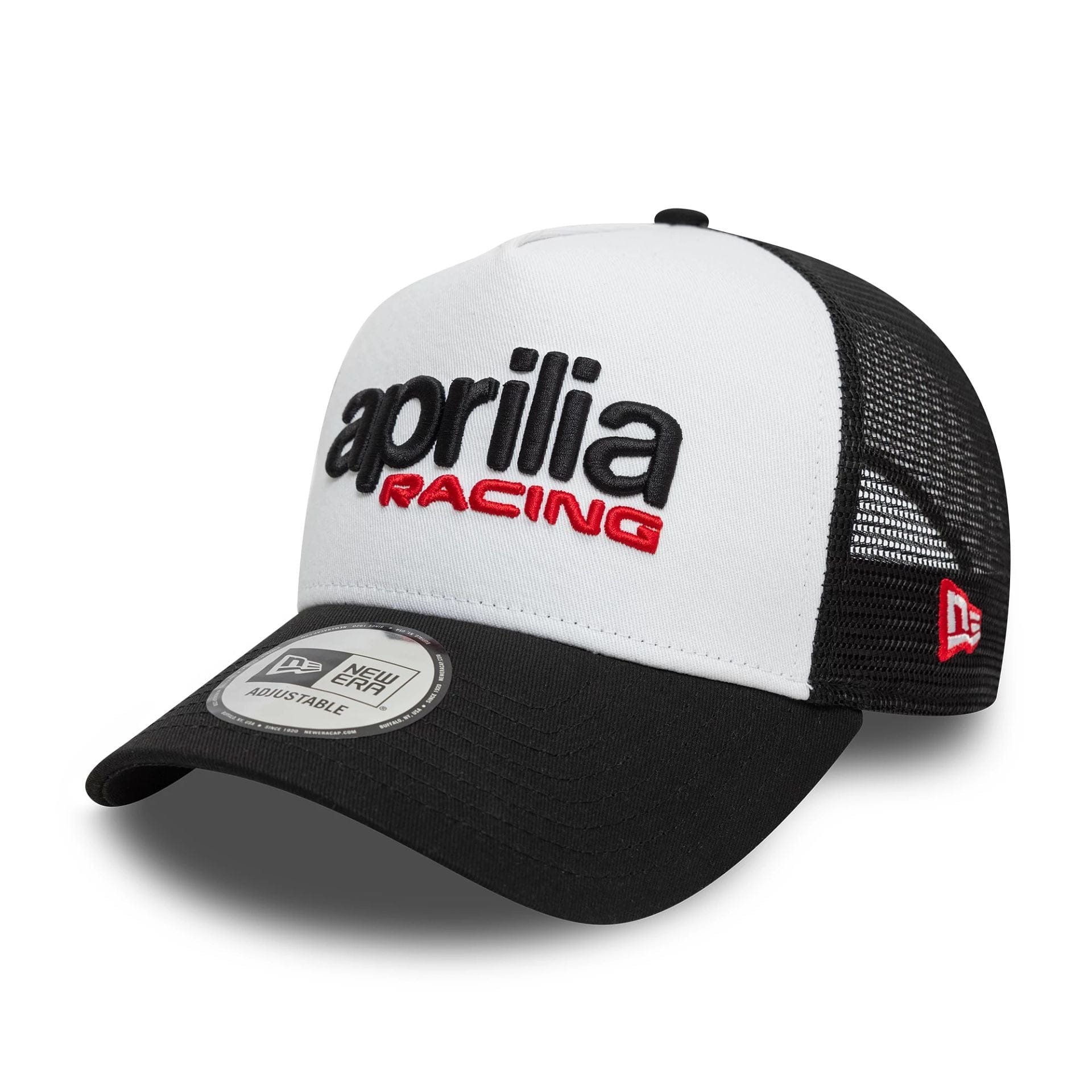 This is a Aprilia Essential White 9FORTY A-Frame Trucker Adjustable Cap 1