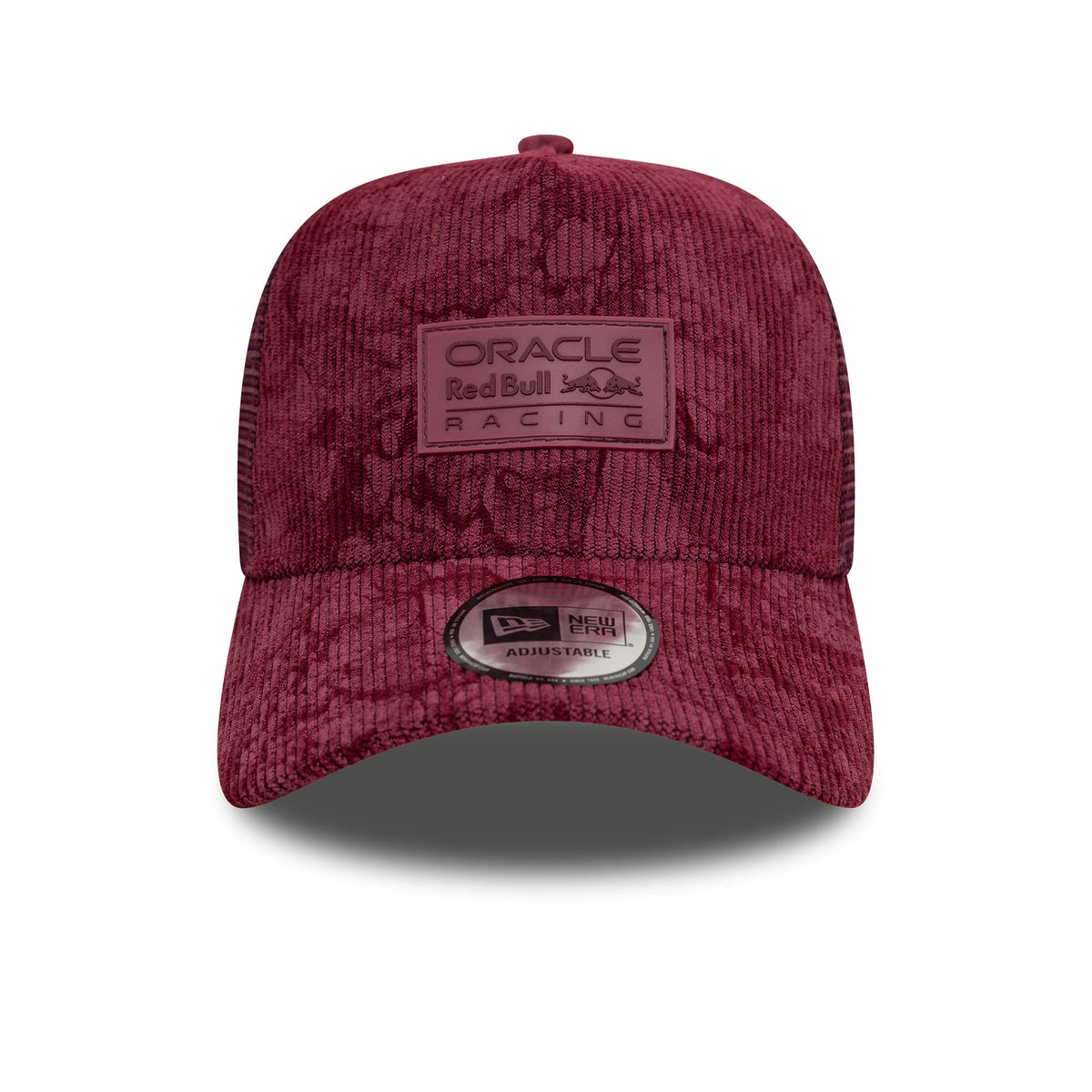 Red Bull Racing Cord Open Red New Era 9FORTY A-Frame Trucker Adjustable Cap, front view showing the embossed Red Bull Racing front panel patch with textured cord design and the 9FORTY size sticker on the curved visor.