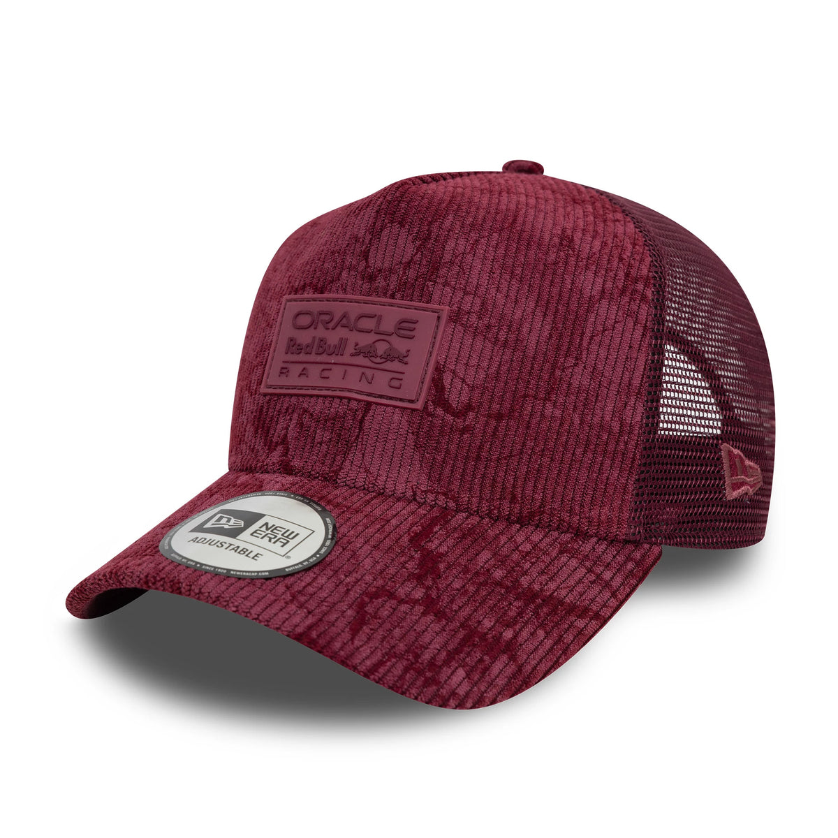 Red Bull Racing Cord Open Red New Era 9FORTY A-Frame Trucker Adjustable Cap, front view showing a raised tone-on-tone front patch, a curved visor with a 9FORTY size sticker, and a New Era flag logo on the mesh left side.