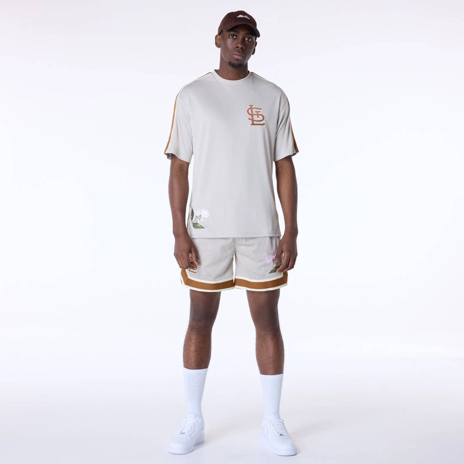 The Male model is wearing St. Louis Cardinals MLB Floral Open White Oversized T-Shirt 4