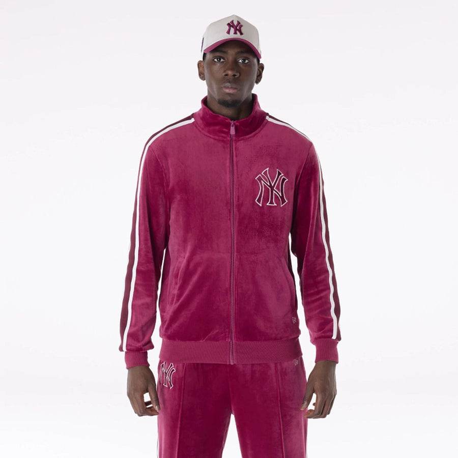 The Male model is wearing New York Yankees MLB Velour Dark Red Track Jacket 1