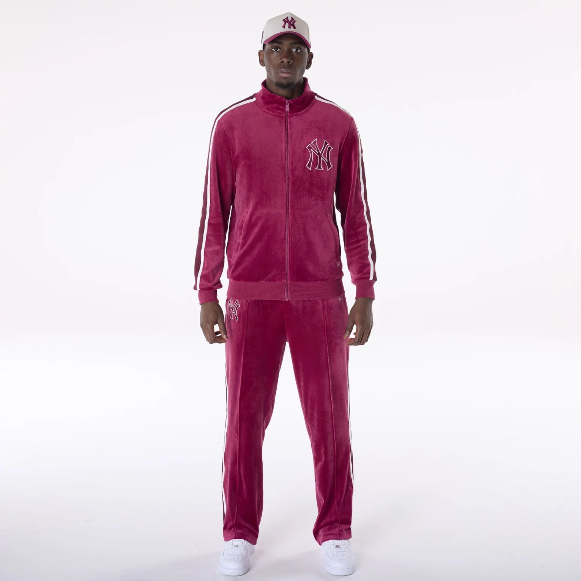 The Male model is wearing New York Yankees MLB Velour Dark Red Track Jacket 4