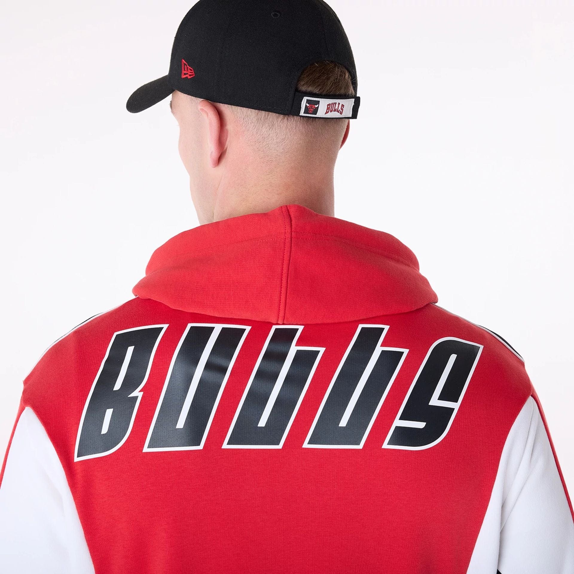 The Male model is wearing Chicago Bulls NBA Graphic Red Oversized Pullover Hoodie 4