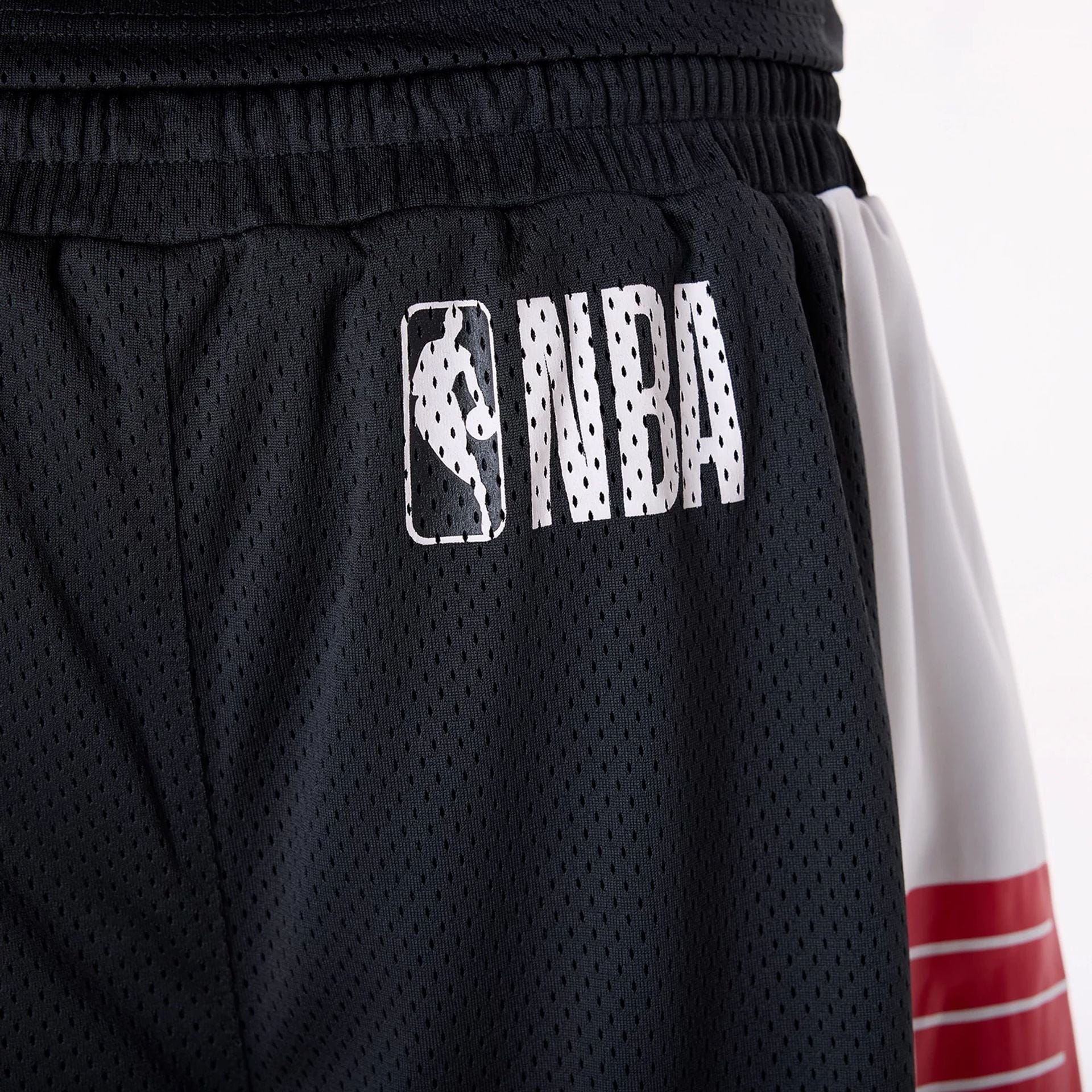 The Male model is wearing Chicago Bulls NBA Graphic Black Mesh Shorts 6