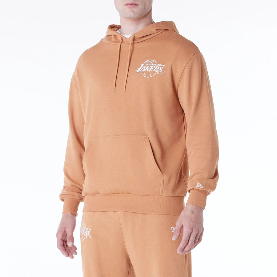 The Male model is wearing LA Lakers NBA League Essential Dark Beige Oversized Pullover Hoodie 6