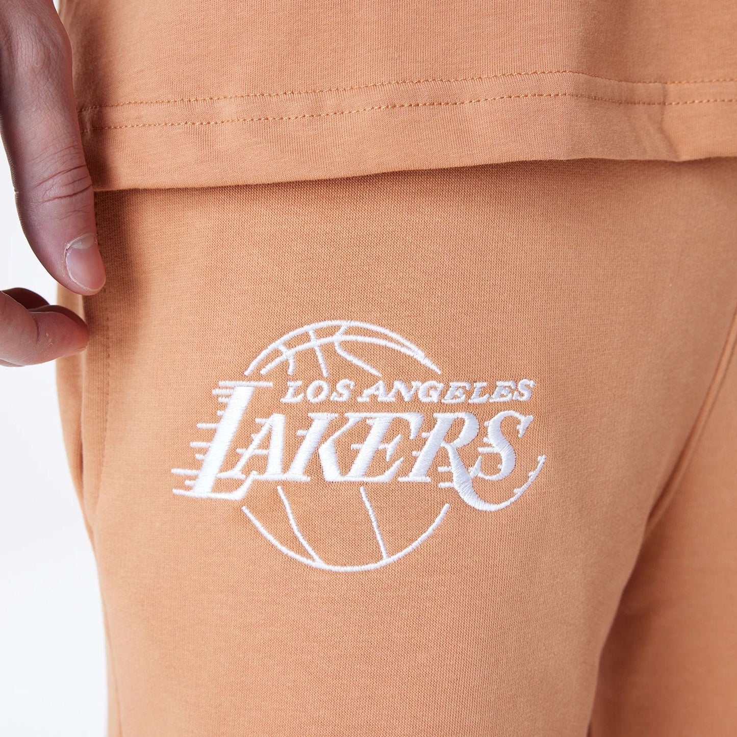 The Male model is wearing LA Lakers NBA League Essential Dark Beige Shorts 6