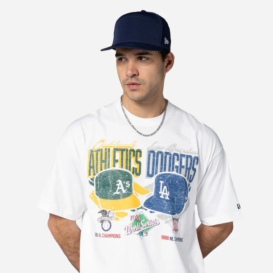 The Male model is wearing MLB Dueling Logos Oakland Athletics VS LA Dodgers Sport Classic White T-Shirt 2