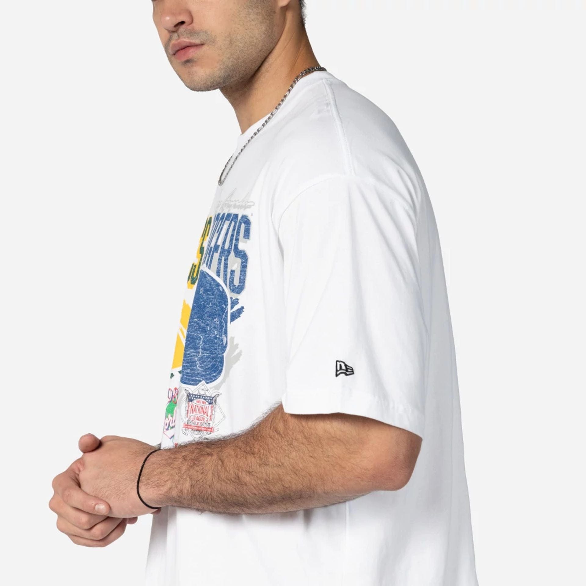 The Male model is wearing MLB Dueling Logos Oakland Athletics VS LA Dodgers Sport Classic White T-Shirt 3